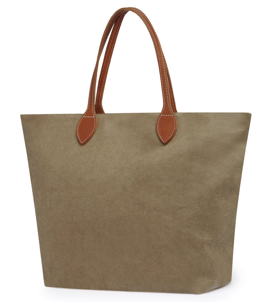A large washable paper tote is shown. It has two long tan leather handles. The bag shown is in an olive colour.
