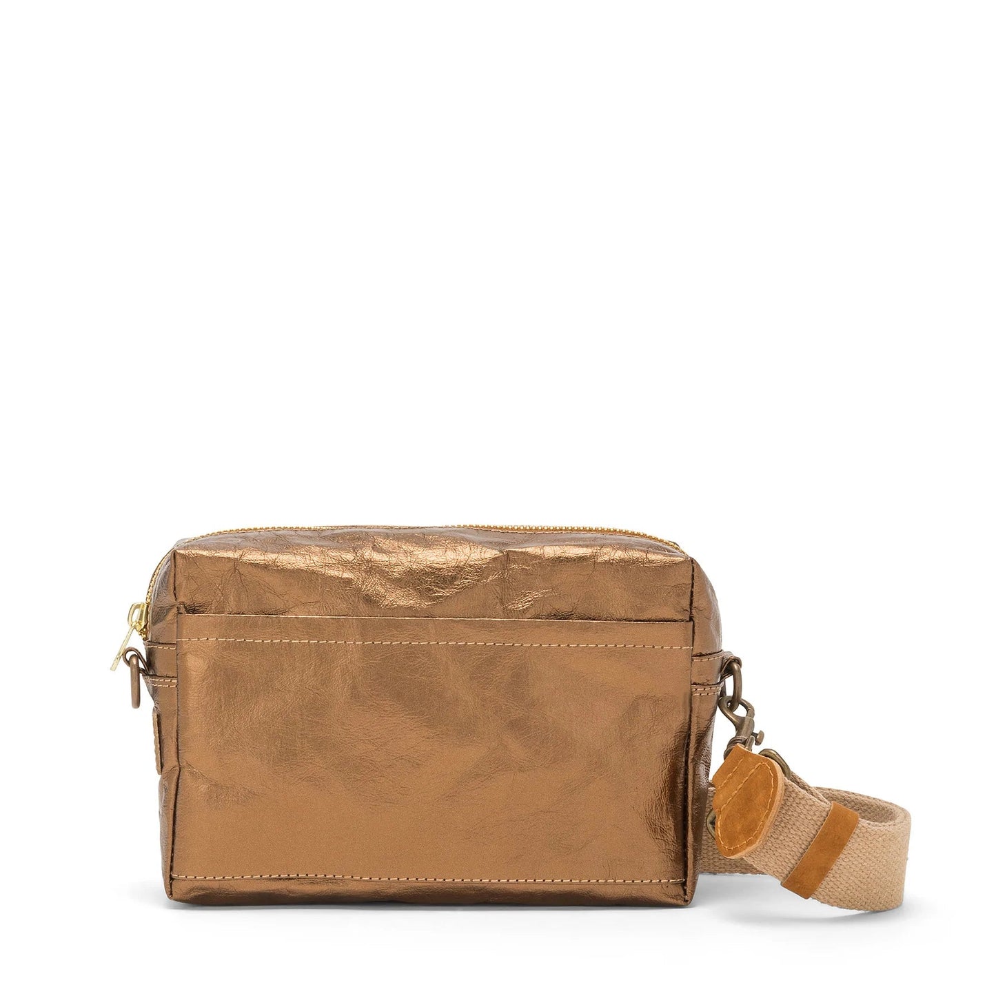 A rectangular washable paper handbag with an external side pocket is shown. The bag has a canvas strap, washable paper details and metal fastening clips to attach the straps to the bag. The bag closes by a zip. The bag shown is metallic bronze with a wheat strap.