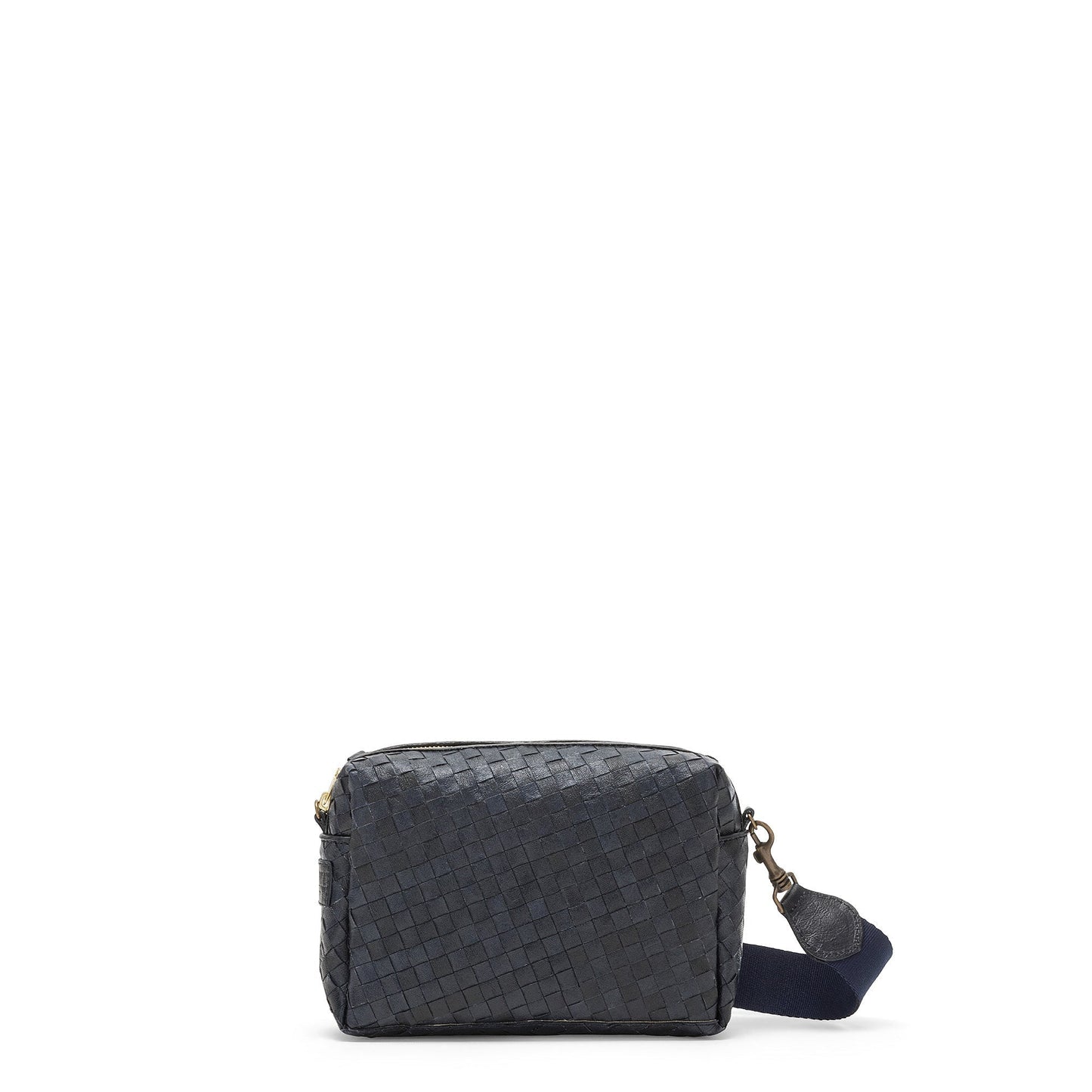 A woven washable paper handbag is shown. The bag is rectangular in shape and has a zip fastening and a wide fabric strap. The bag shown is dark blue.