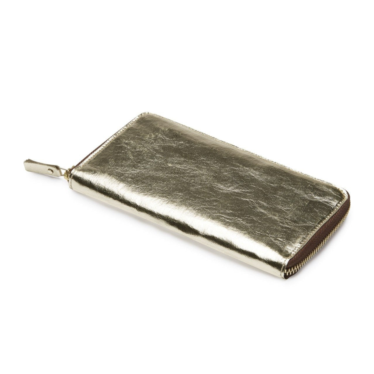 The outside of a large zippered washable paper wallet is shown. The image also shows a silver zip and washable paper zip pull. The wallet shown is metallic platinum.