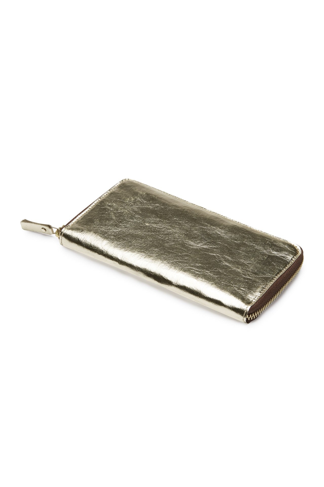 The outside of a large zippered washable paper wallet is shown. The image also shows a silver zip and washable paper zip pull. The wallet shown is metallic platinum.