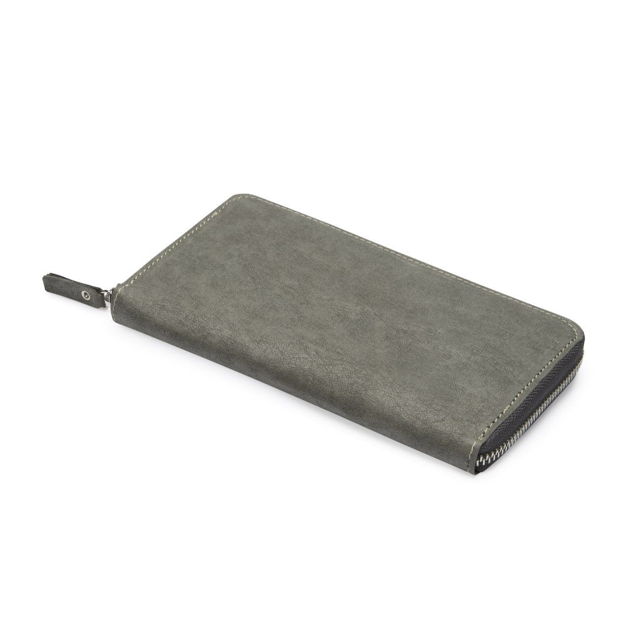 The outside of a large zippered washable paper wallet is shown. The image also shows a silver zip and washable paper zip pull. The wallet shown is dark grey.