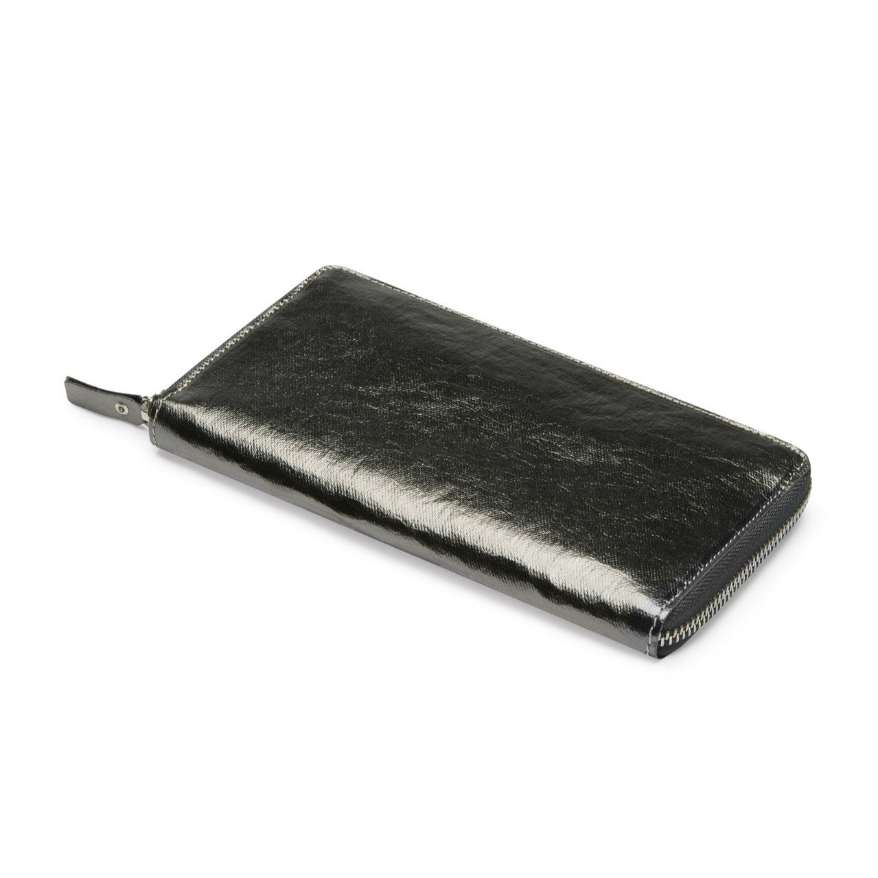 The outside of a large zippered washable paper wallet is shown. The image also shows a silver zip and washable paper zip pull. The wallet shown is metallic dark grey.