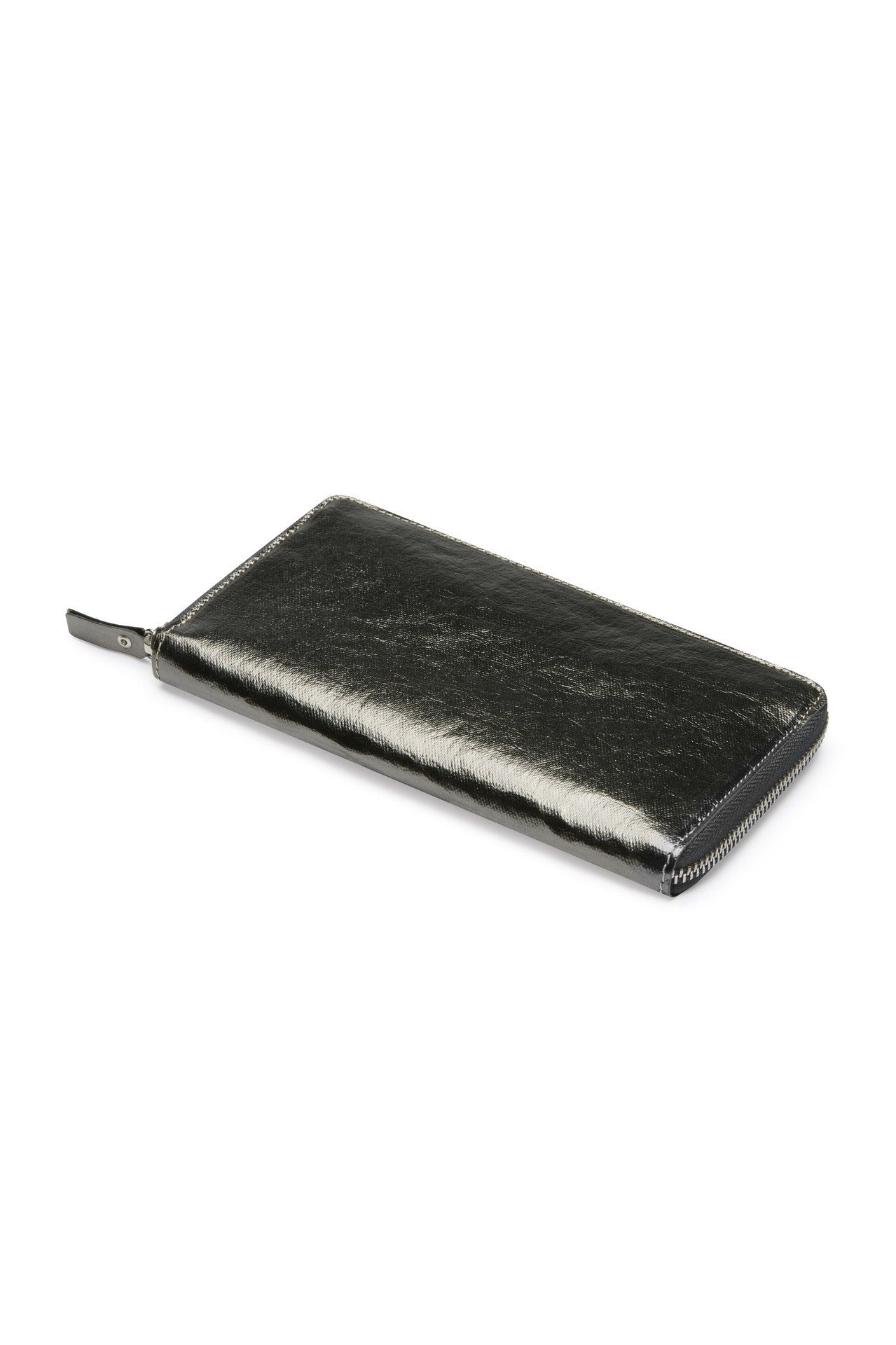 The outside of a large zippered washable paper wallet is shown. The image also shows a silver zip and washable paper zip pull. The wallet shown is metallic dark grey.