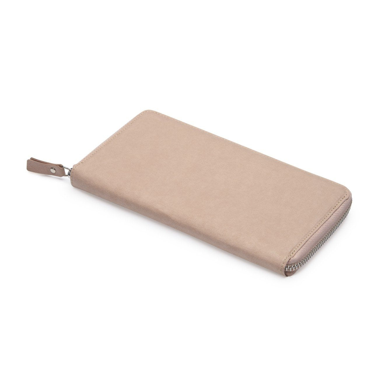 The outside of a large zippered washable paper wallet is shown. The image also shows a silver zip and washable paper zip pull. The wallet shown is pale pink.