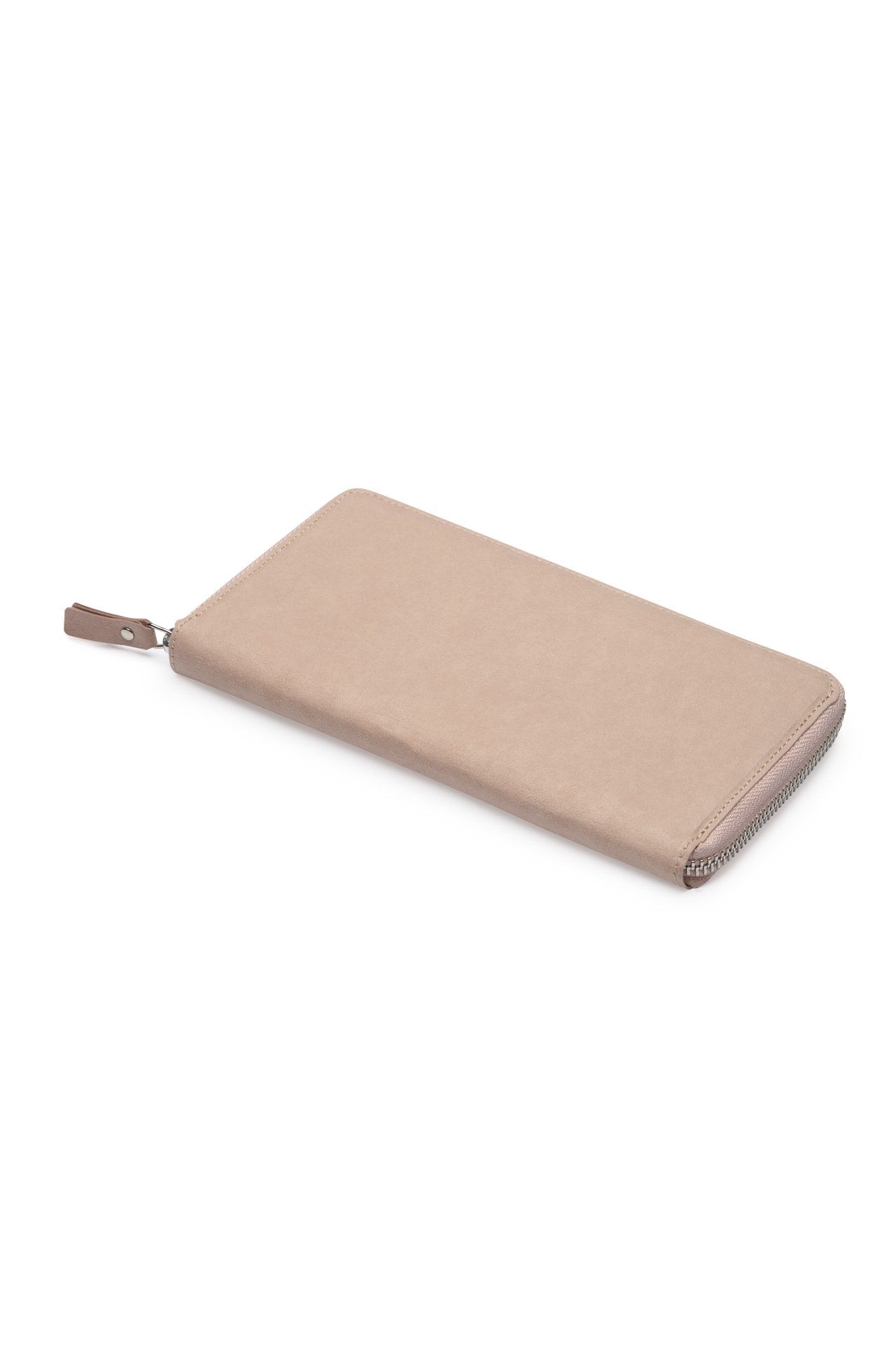 The outside of a large zippered washable paper wallet is shown. The image also shows a silver zip and washable paper zip pull. The wallet shown is pale pink.