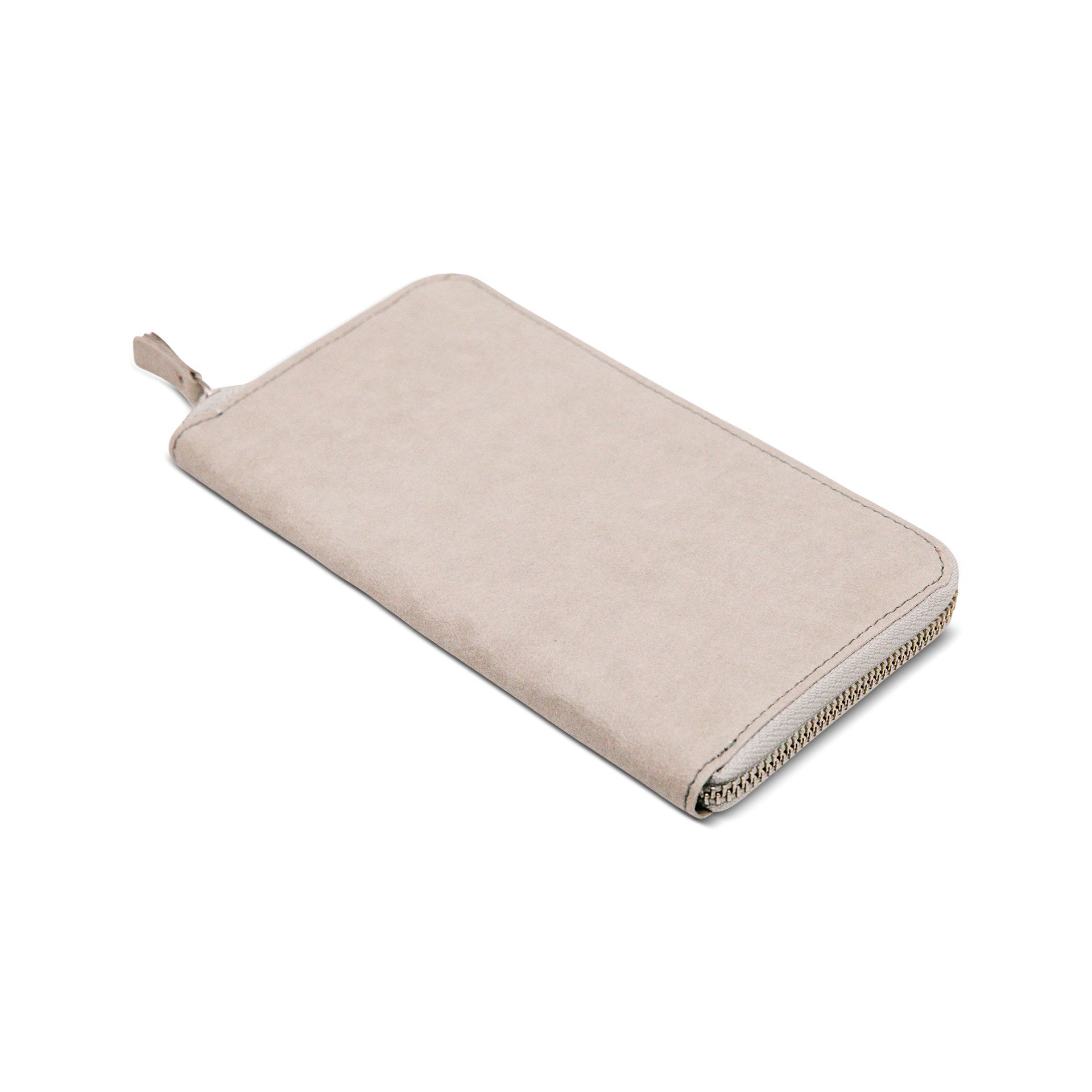 The outside of a large zippered washable paper wallet is shown. The image also shows a silver zip and washable paper zip pull. The wallet shown is pale grey.