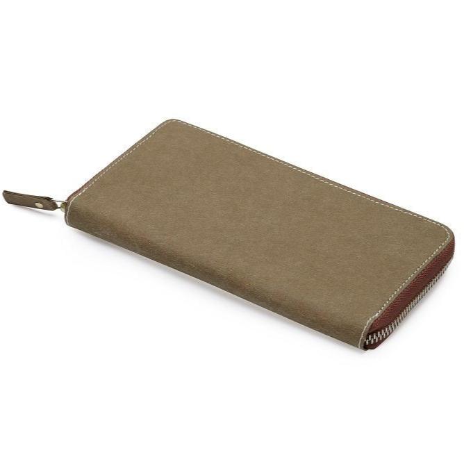 The outside of a large zippered washable paper wallet is shown. The image also shows a silver zip and washable paper zip pull. The wallet shown is an olive colour.