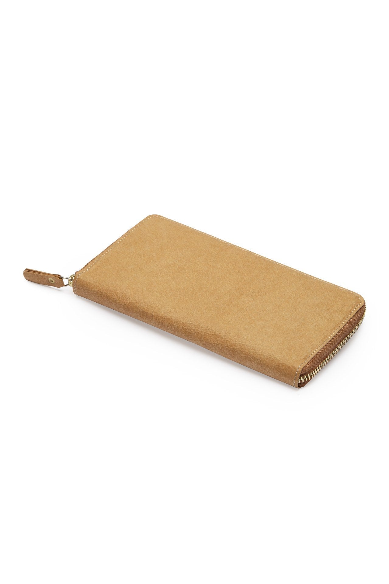 The outside of a large zippered washable paper wallet is shown. The image also shows a silver zip and washable paper zip pull. The wallet shown is tan.