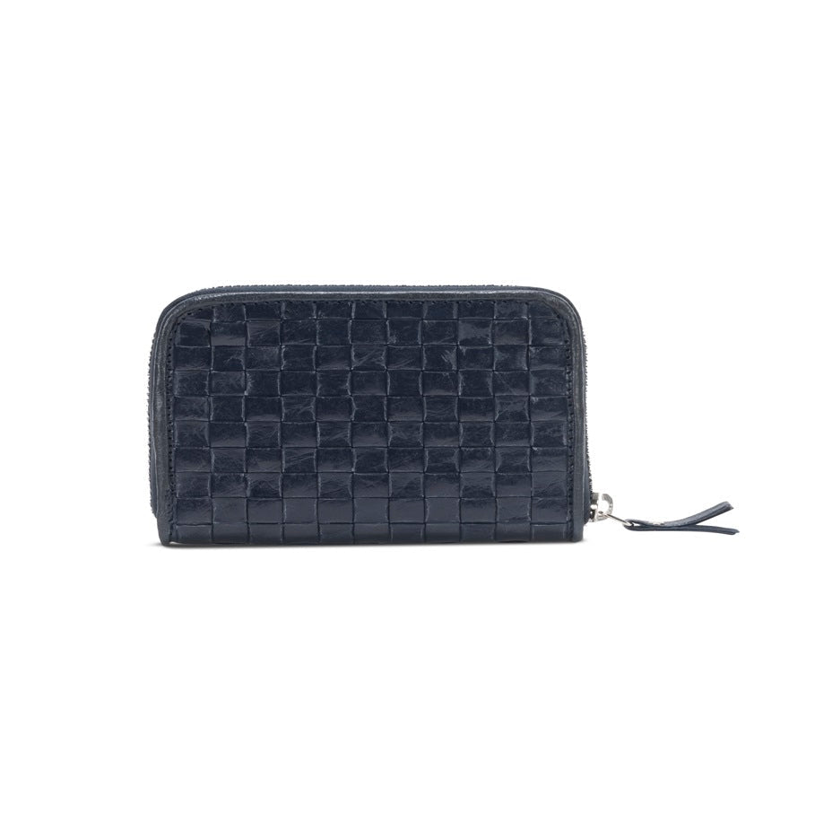 The outside of a large zippered washable paper woven wallet is shown. The image also shows a silver zip and washable paper zip pull. The wallet shown is dark blue.