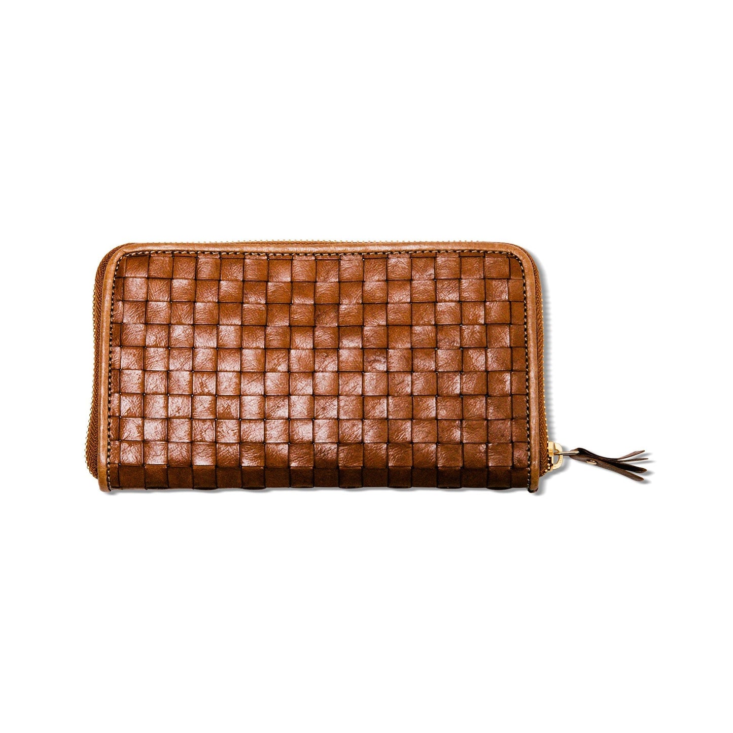 The outside of a large zippered washable paper woven wallet is shown. The image also shows a silver zip and washable paper zip pull. The wallet shown is dark tan in colour.