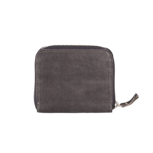 The outside of a small zippered washable paper wallet is shown. The image also shows a silver zip and washable paper zip pull. The wallet shown is dark grey.