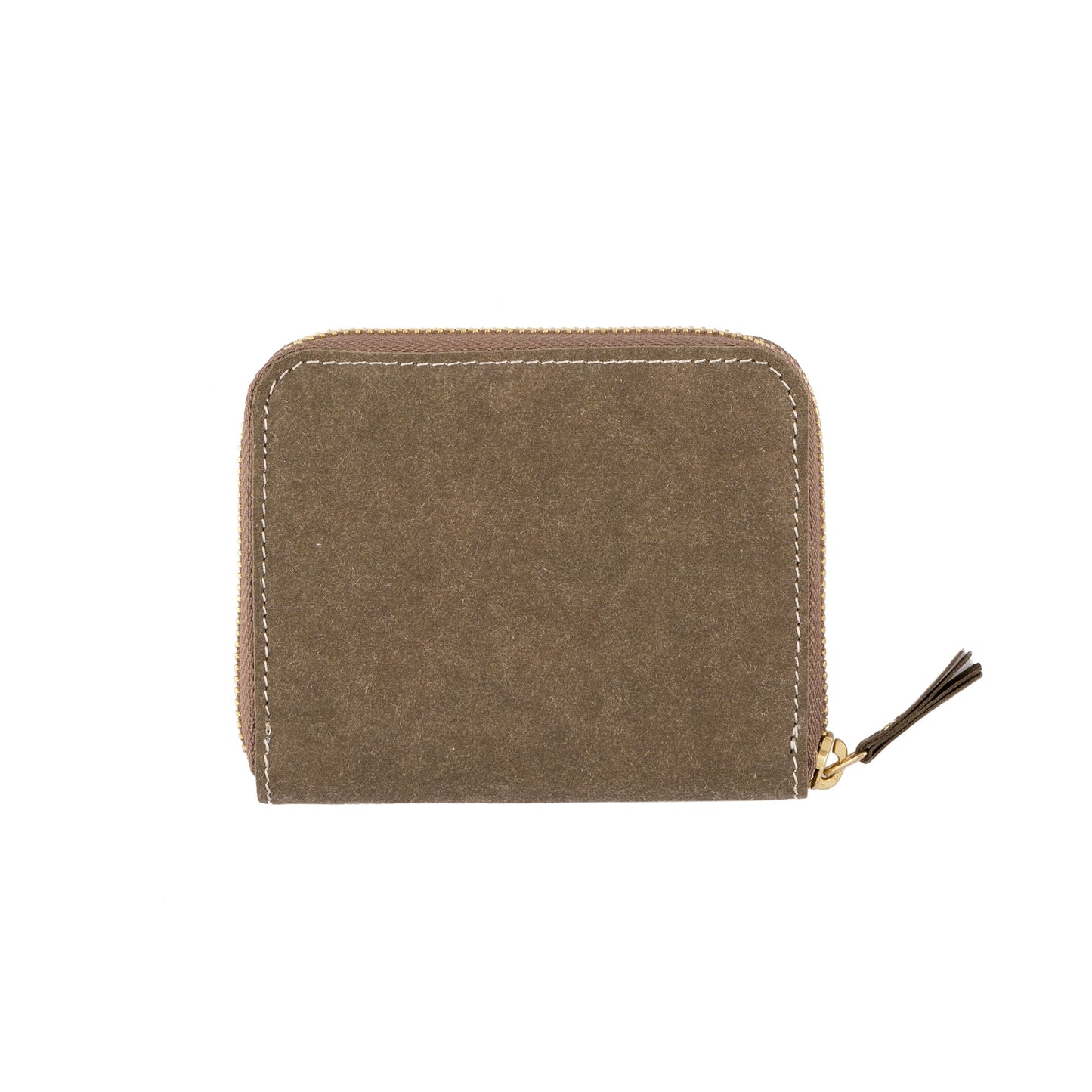 The outside of a small zippered washable paper wallet is shown. The image also shows a silver zip and washable paper zip pull. The wallet shown is olive.