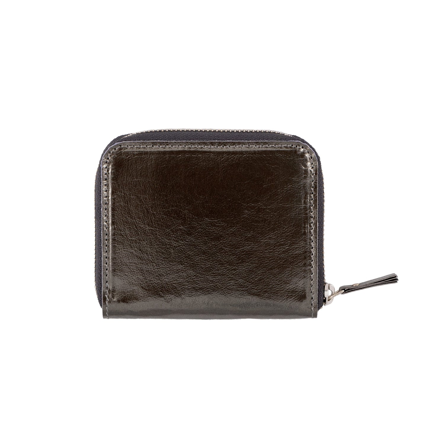 The outside of a small zippered washable paper wallet is shown. The image also shows a silver zip and washable paper zip pull. The wallet shown is dark grey metallic.
