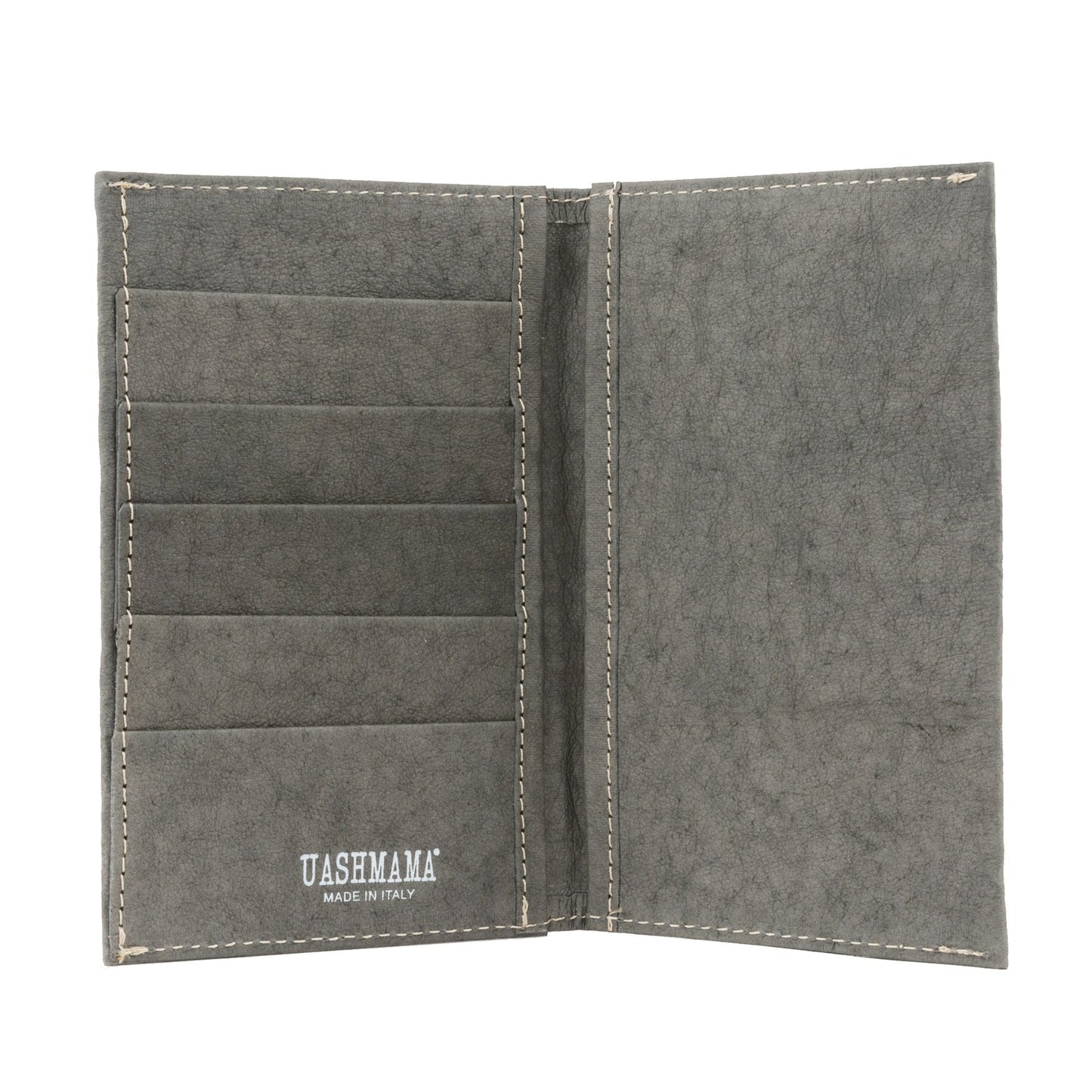 A washable paper large wallet is shown open. On the left hand side are 5 credit card slots. On the right hand side is one large pocket. The UASHMAMA logo is shown on the bottom left of the wallet. The colour of the wallet is dark grey.