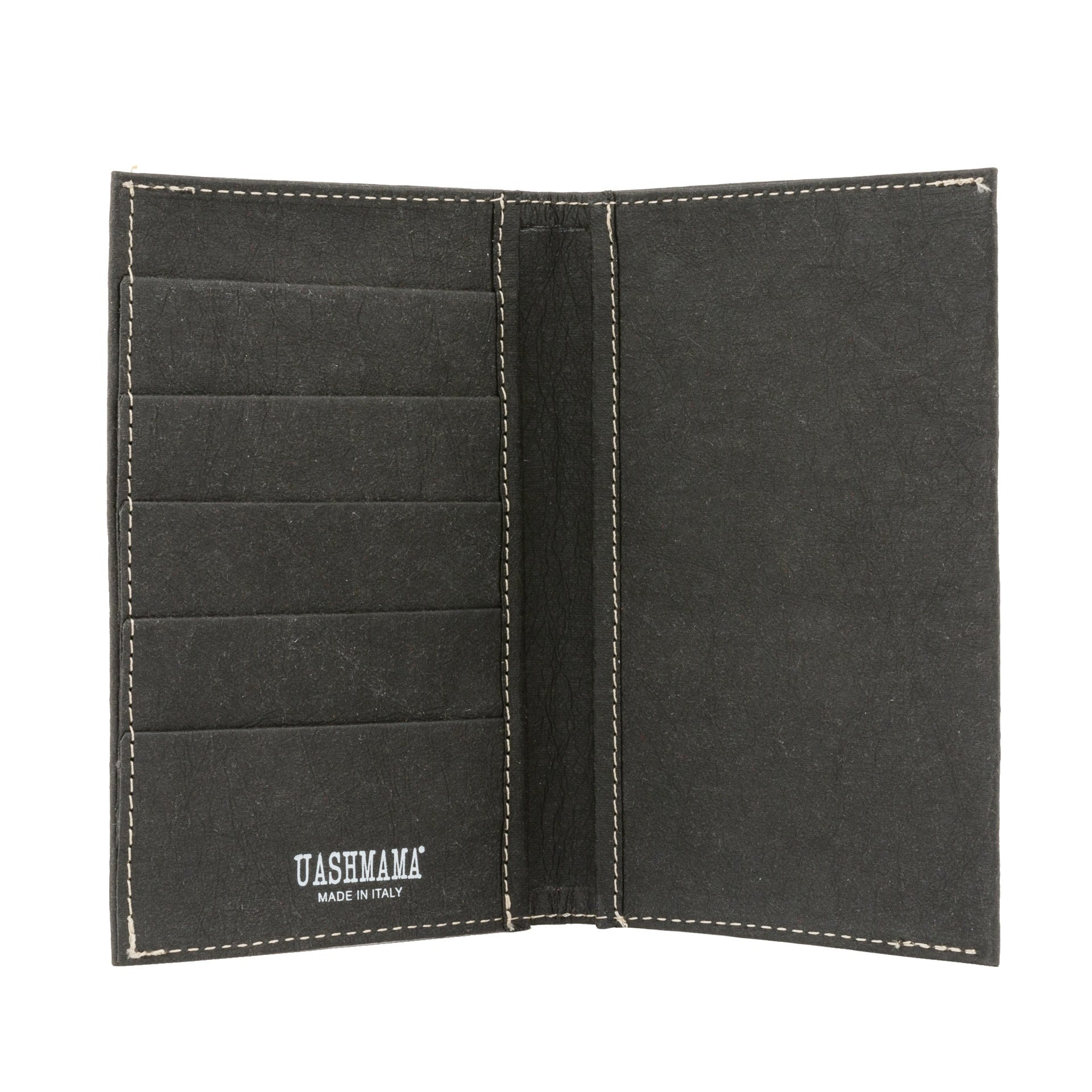 A washable paper large wallet is shown open. On the left hand side are 5 credit card slots. On the right hand side is one large pocket. The UASHMAMA logo is shown on the bottom left of the wallet. The colour of the wallet is black.