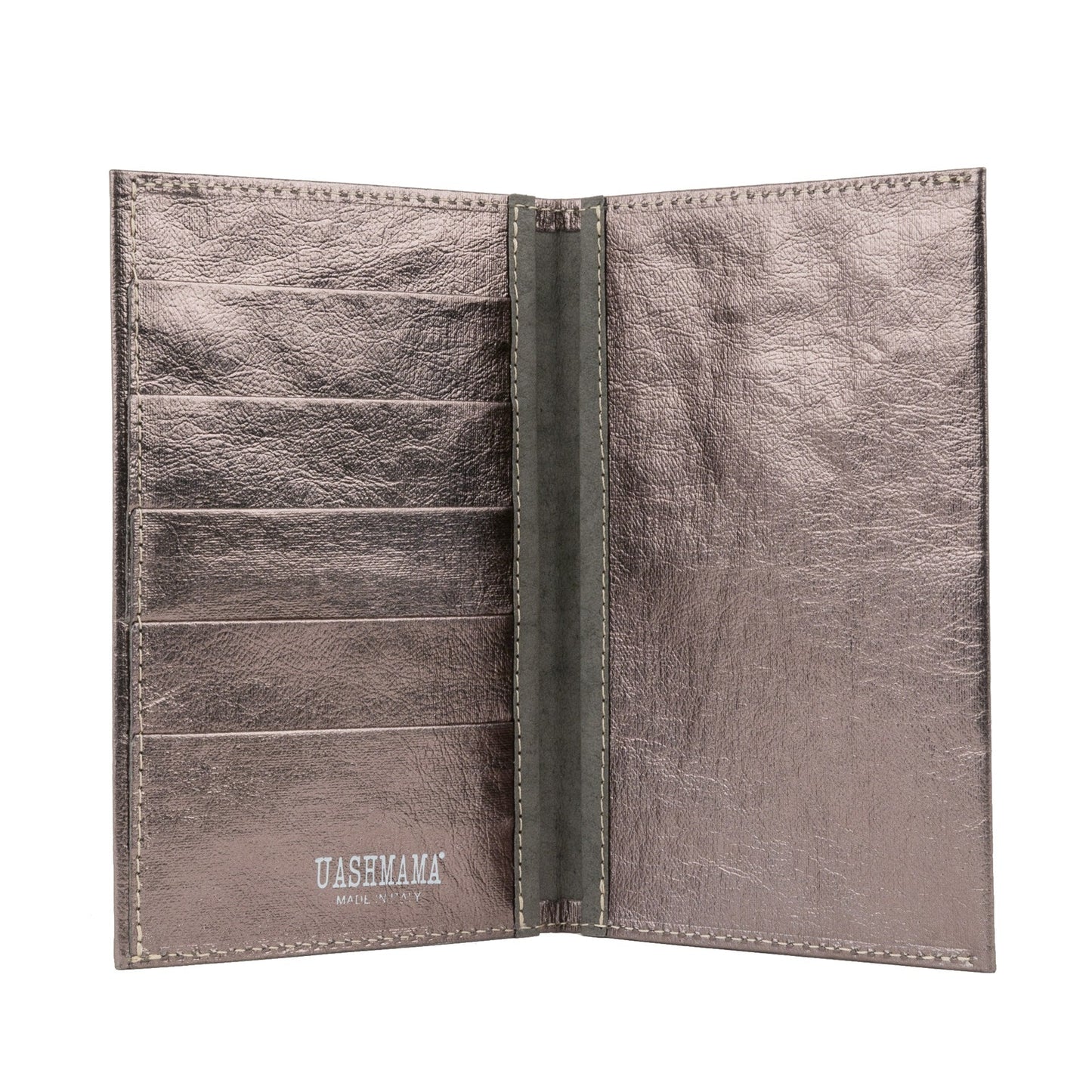 A washable paper large wallet is shown open. On the left hand side are 5 credit card slots. On the right hand side is one large pocket. The UASHMAMA logo is shown on the bottom left of the wallet. The colour of the wallet is dark grey metallic.