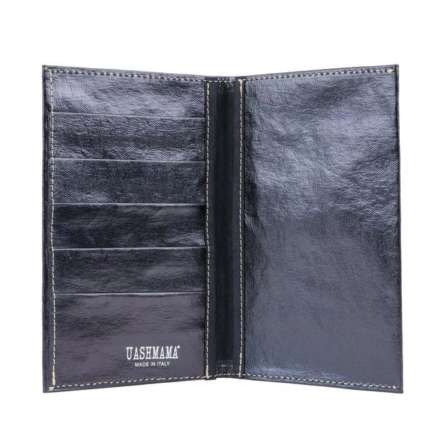 A washable paper large wallet is shown open. On the left hand side are 5 credit card slots. On the right hand side is one large pocket. The UASHMAMA logo is shown on the bottom left of the wallet. The colour of the wallet is dark blue metallic.