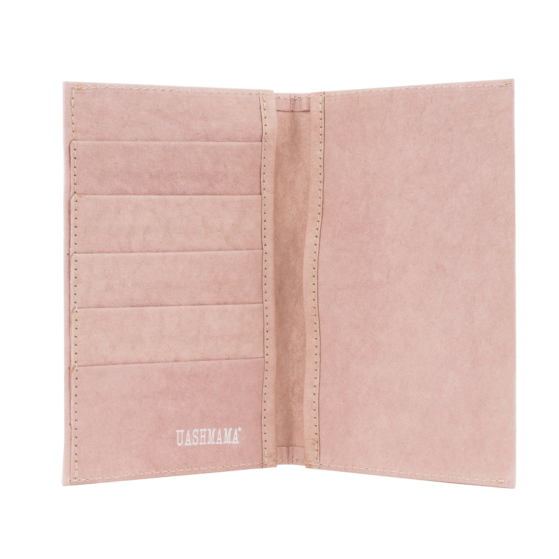 A washable paper large wallet is shown open. On the left hand side are 5 credit card slots. On the right hand side is one large pocket. The UASHMAMA logo is shown on the bottom left of the wallet. The colour of the wallet is pale pink.