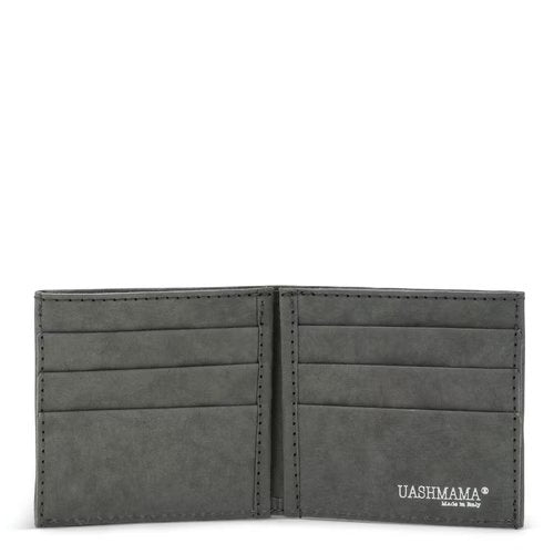 A small 8 slot washable paper wallet is shown open. The UASHMAMA logo is printed on the bottom right hand corner of the image. The wallet is dark grey.