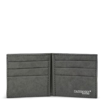 A small 8 slot washable paper wallet is shown open. The UASHMAMA logo is printed on the bottom right hand corner of the image. The wallet is dark grey.