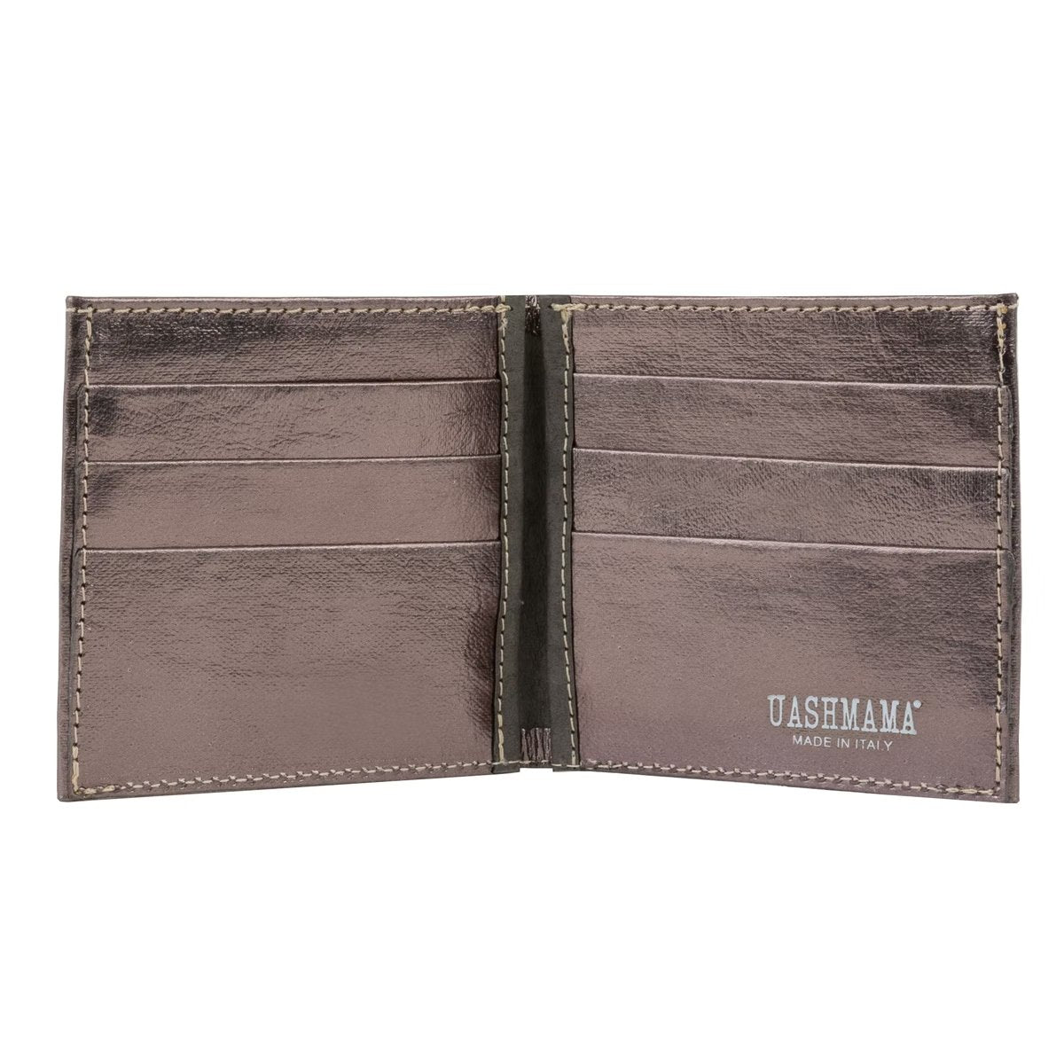 A small 8 slot washable paper wallet is shown open. The UASHMAMA logo is printed on the bottom right hand corner of the image. The wallet is dark grey metallic in colour.