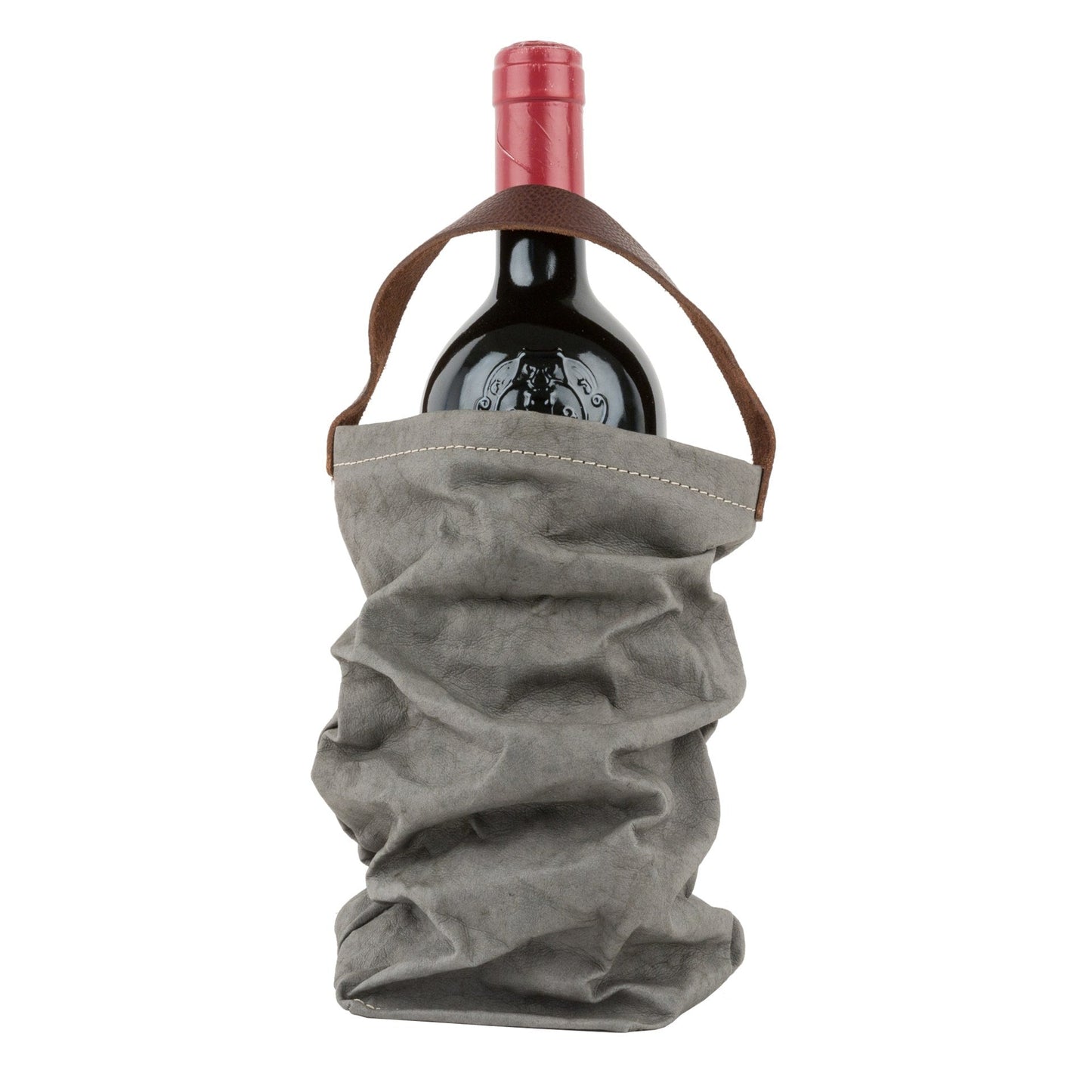 A red wine bottle is shown inside a washable paper wine bag. The bag has a small brown leather handle at the top for carrying. The washable paper wine bag shown is dark grey.
