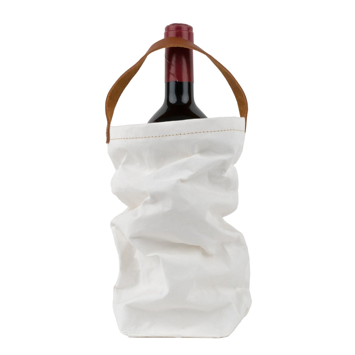A red wine bottle is shown inside a washable paper wine bag. The bag has a small brown leather handle at the top for carrying. The washable paper wine bag shown is white.